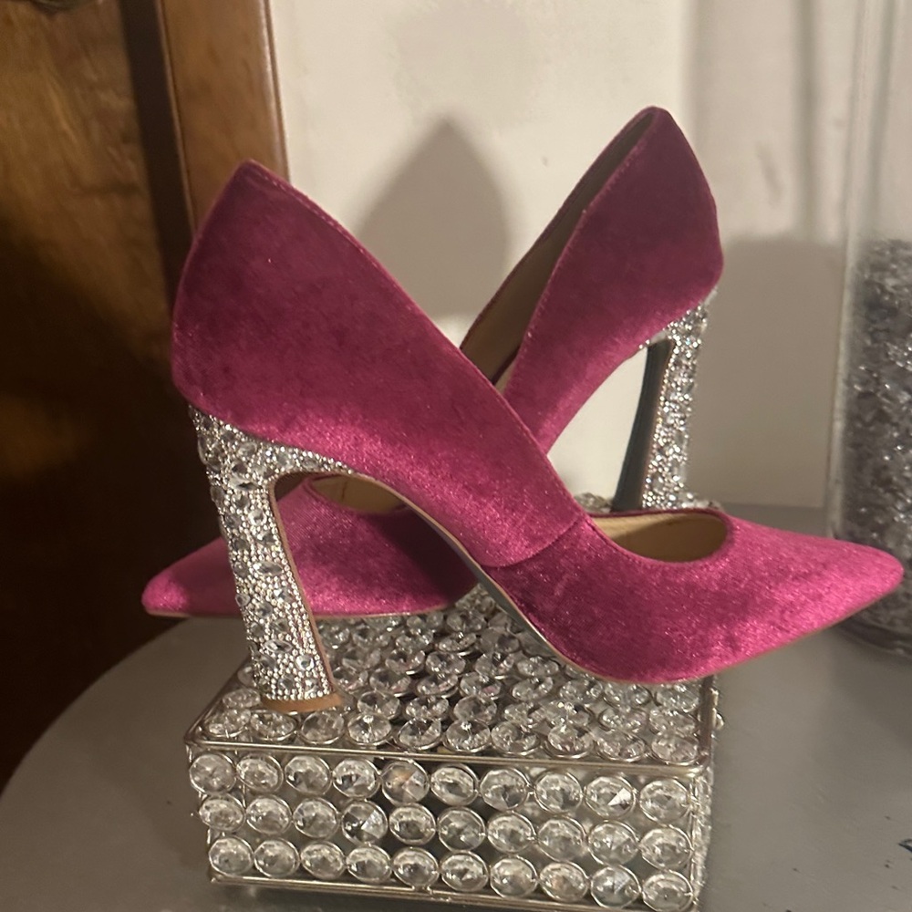 Betsey Johnson Fuchsia Velvet Pumps with Glittering Silver Rhinestone Heel